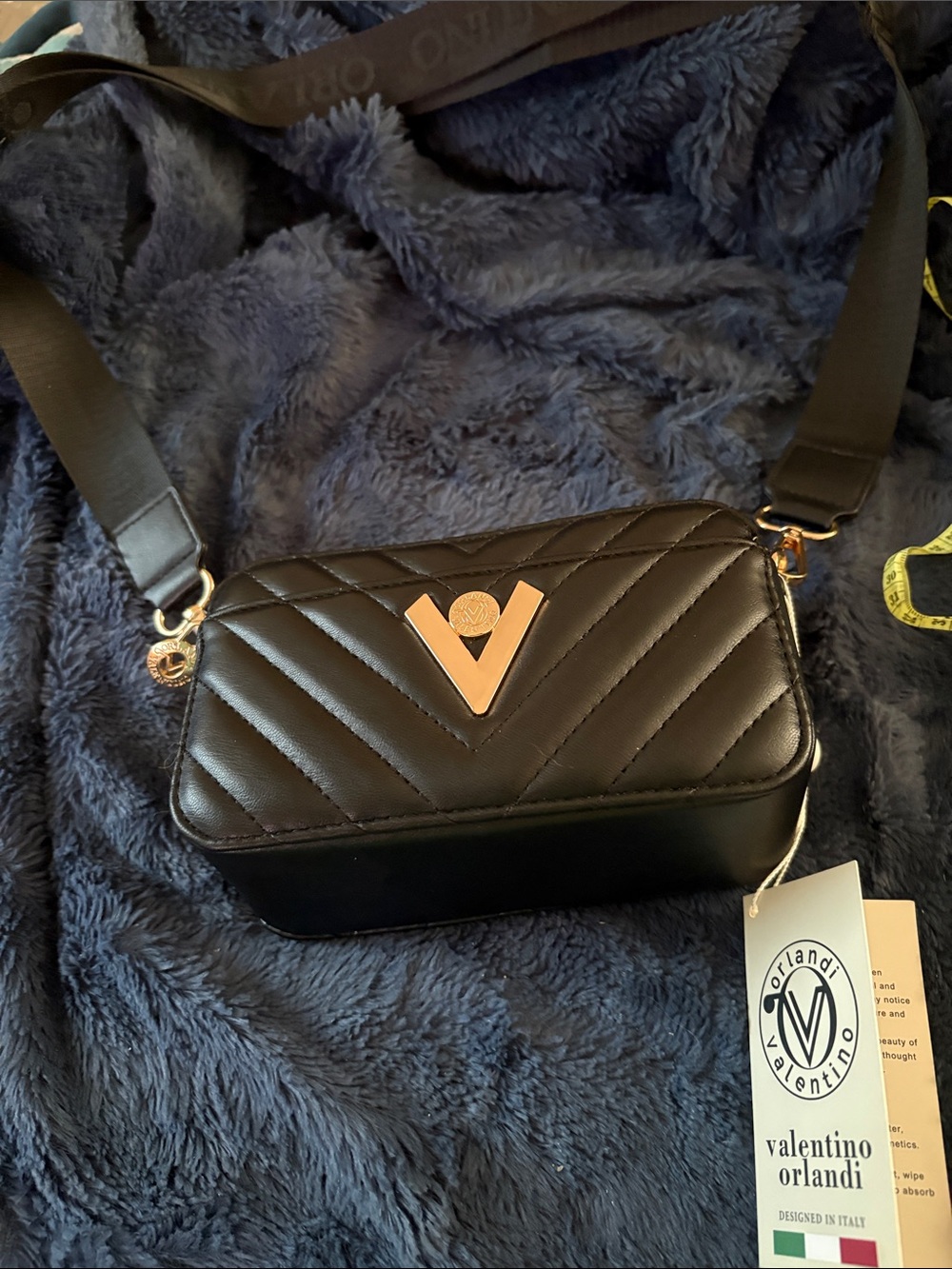 Valentino Orlandi Black Quilted Crossbody with Gold V Emblem